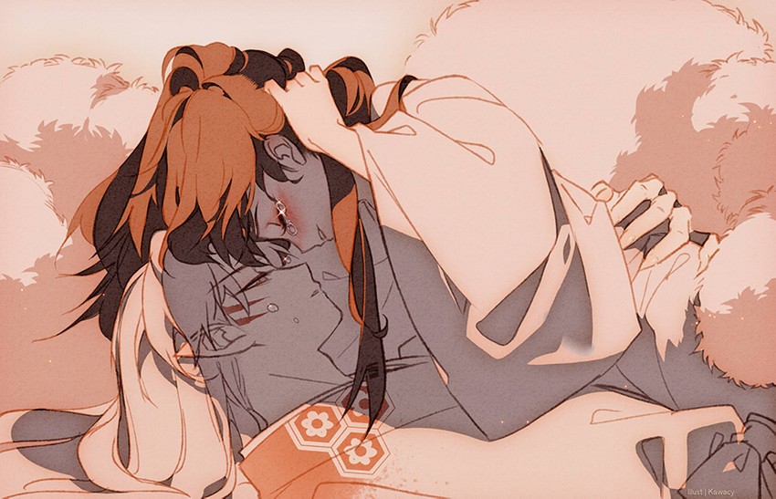 Originalkunst von Kawacy mit beigem Farbschema, zwei Charaktere