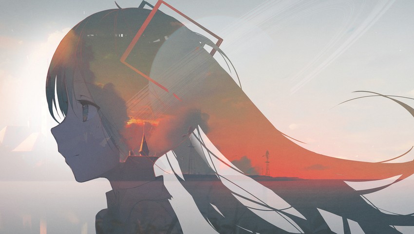 Original art by Kieed, Hatsune Miku, Doppelbelichtung mit Stadt im Hintergrund, dynamische Komposition