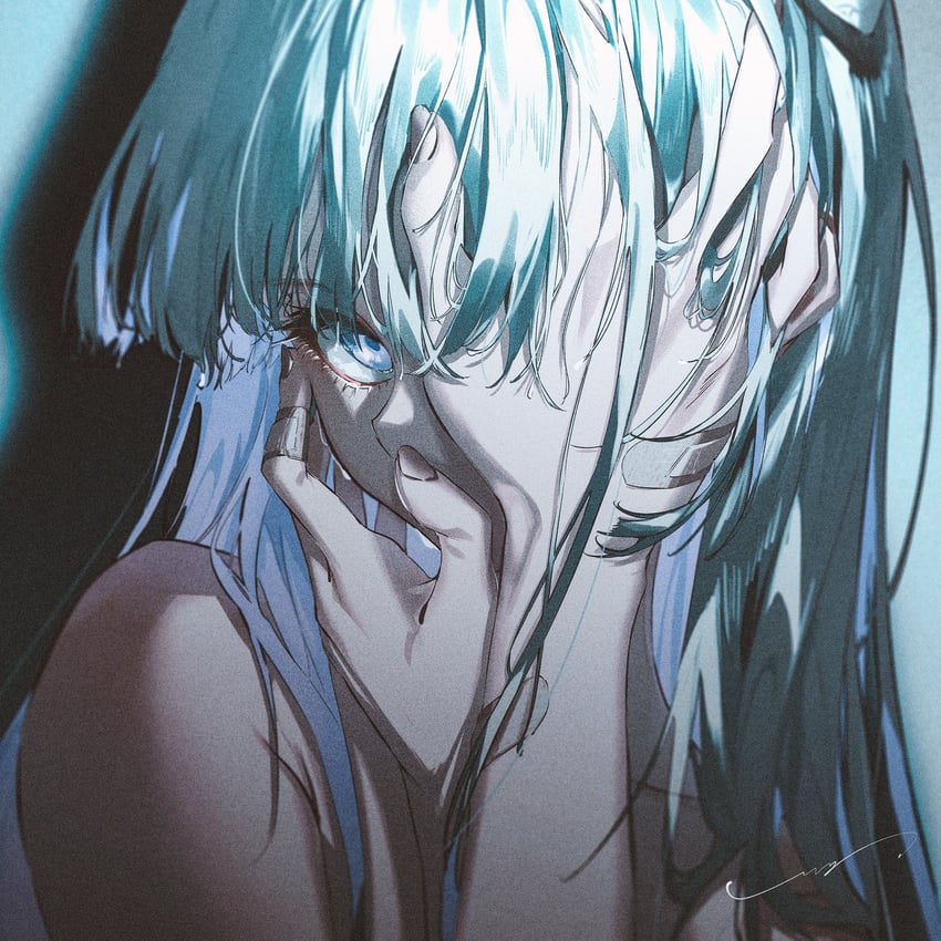 Original Art by Rella, blaues Mädchen Anime-Mädchen umklammert Gesicht