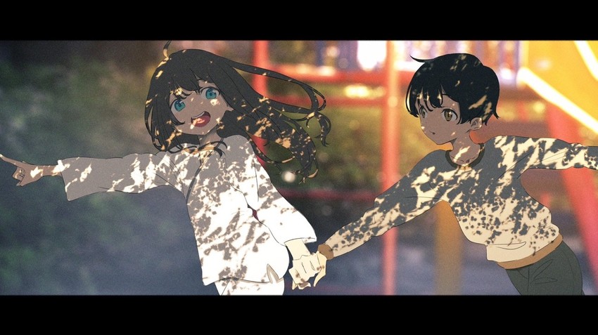 Original Art by Rella, Mädchen und Junge, die Sonne scheint durch den Schatten der Baumblätter
